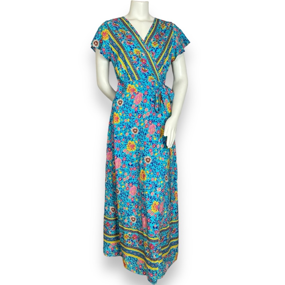PrettyGarden Wrap Dress Blue Floral Women Size Medium Short Sleeve Summer Spring